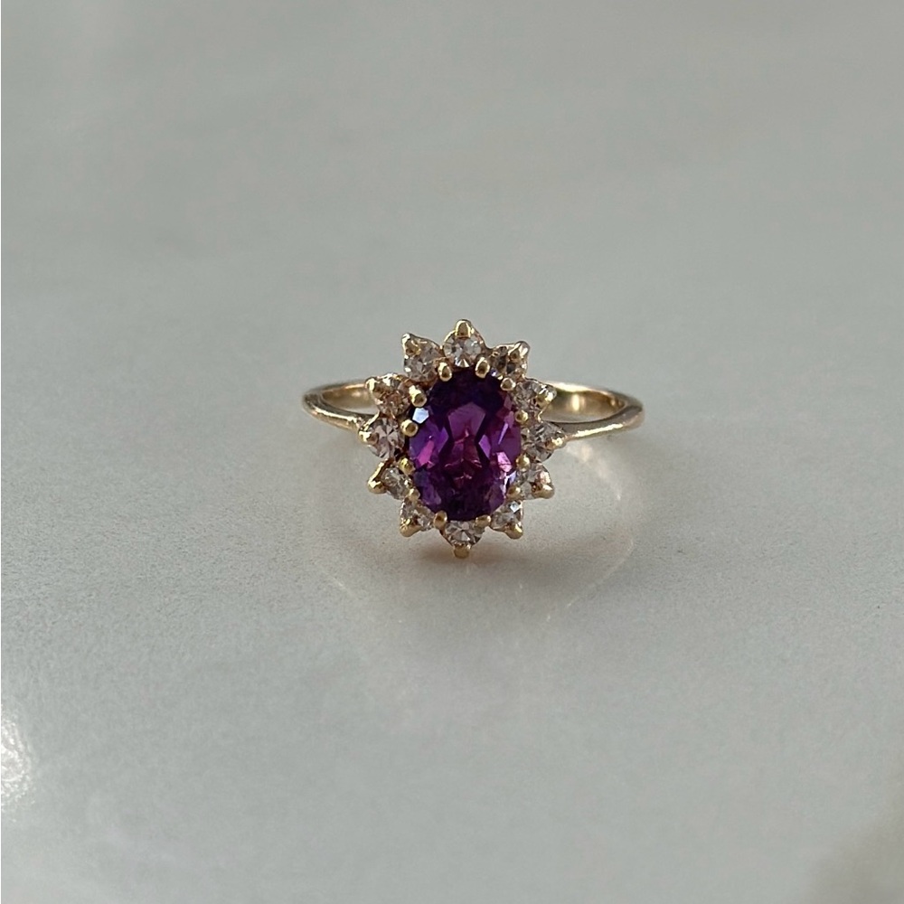 Vintage 14K Gold Amethyst & Diamond Halo Ring - Size 3.75